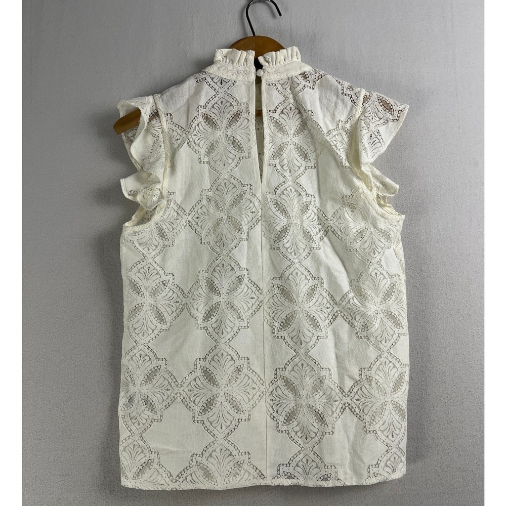 Ivory Lace Ruffle Mock Neck Sleeveless Blouse XS Pleated Boho Top - Picture 3 of 7